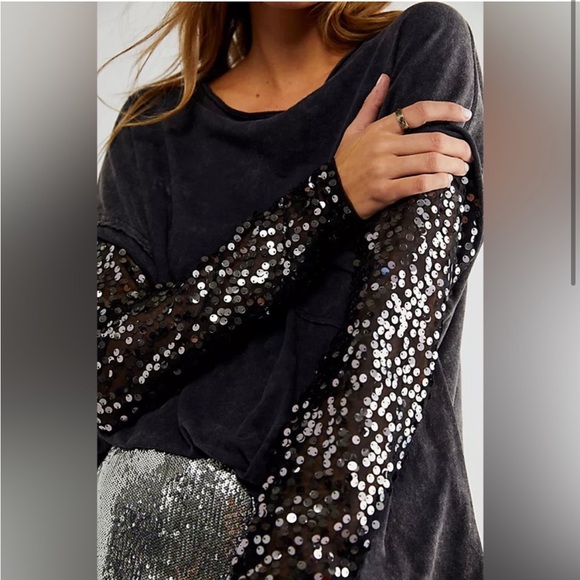 Free People Celine Oversized Tee with Sequin Sleeves - Picture 2 of 7